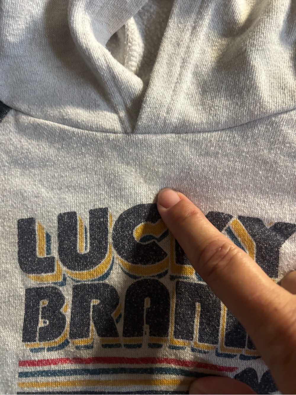 Lucky Brand Kids Light Gray Pullover Hoodie with Navy and Yellow Graphic